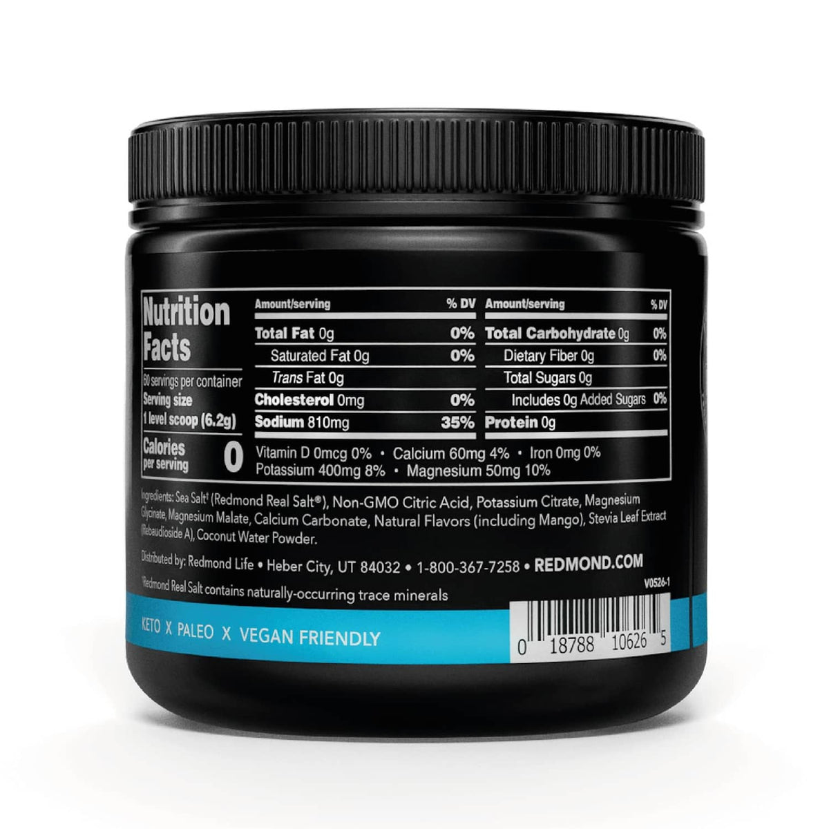 Mango electrolyte drink mix jar showing Nutrition Facts panel on back label