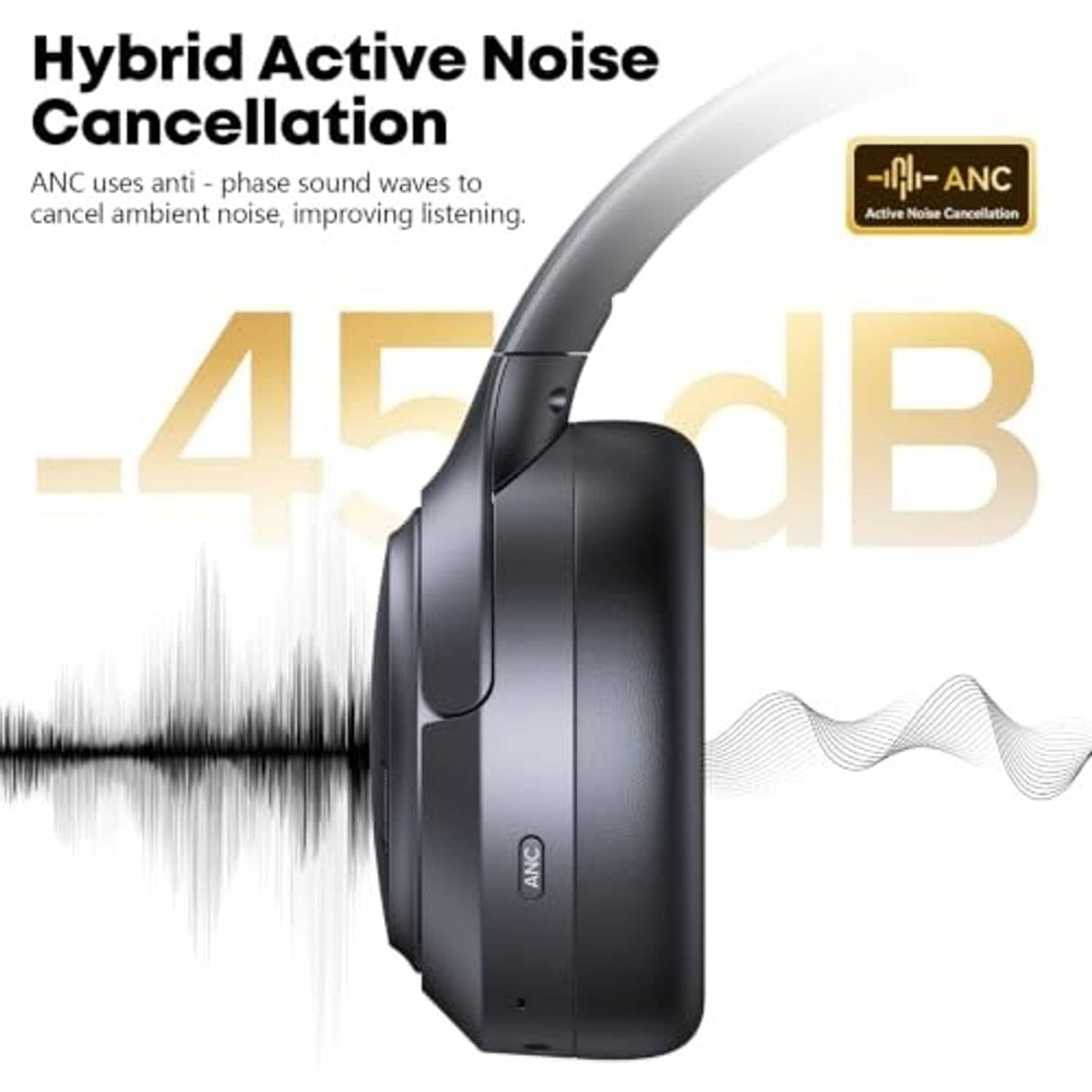 Black over-ear wireless headphones in side profile with padded ear cups and slim headband