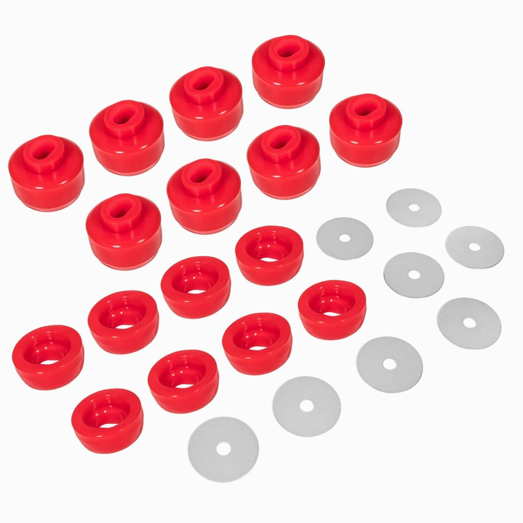 Silicone body cab mount bushing kit components: red bushings and gray washers