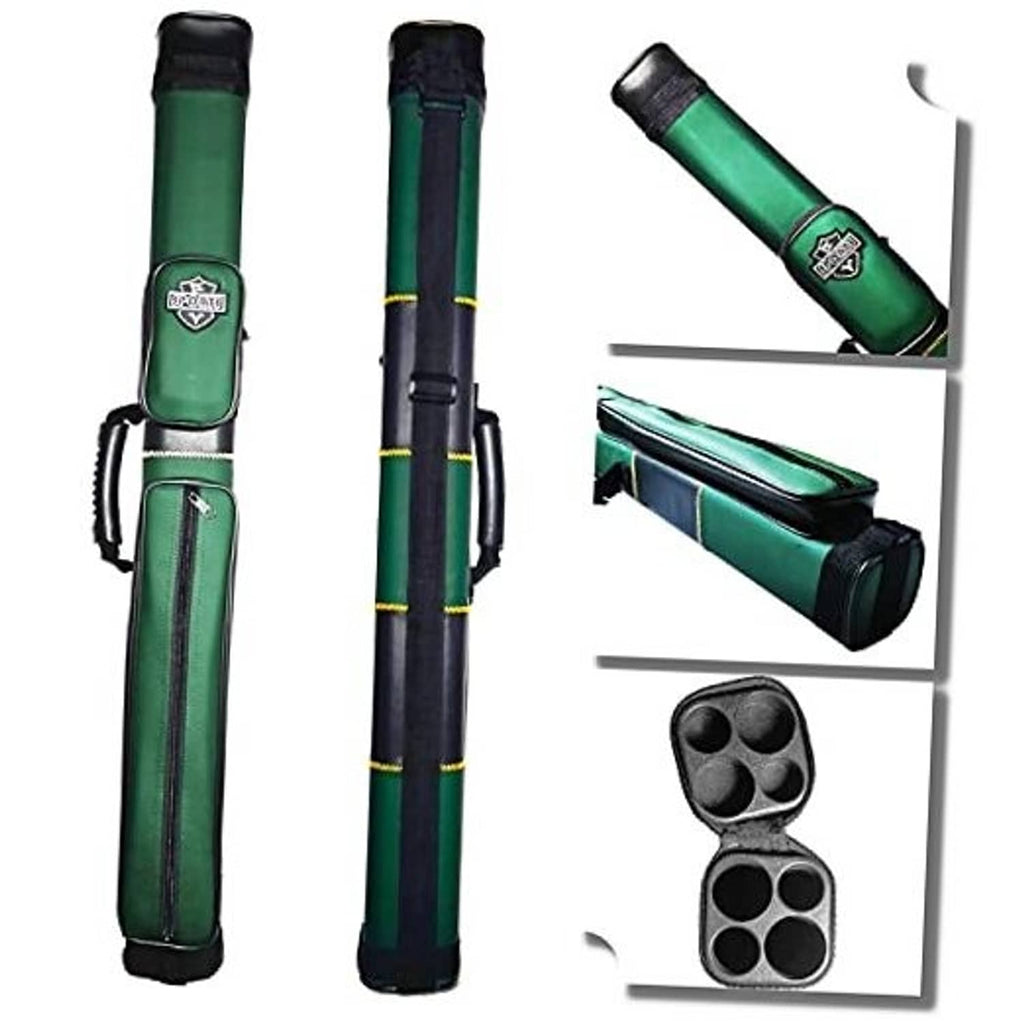 Green two-cue billiard cue case with side handle and zippered accessory compartment.