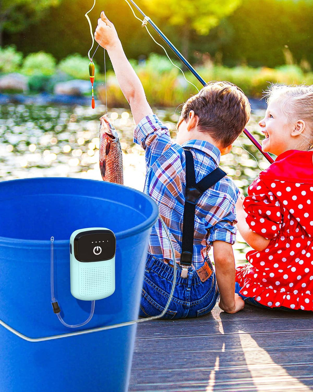 Rechargeable aquarium air pump with mint body and attached airline tubing