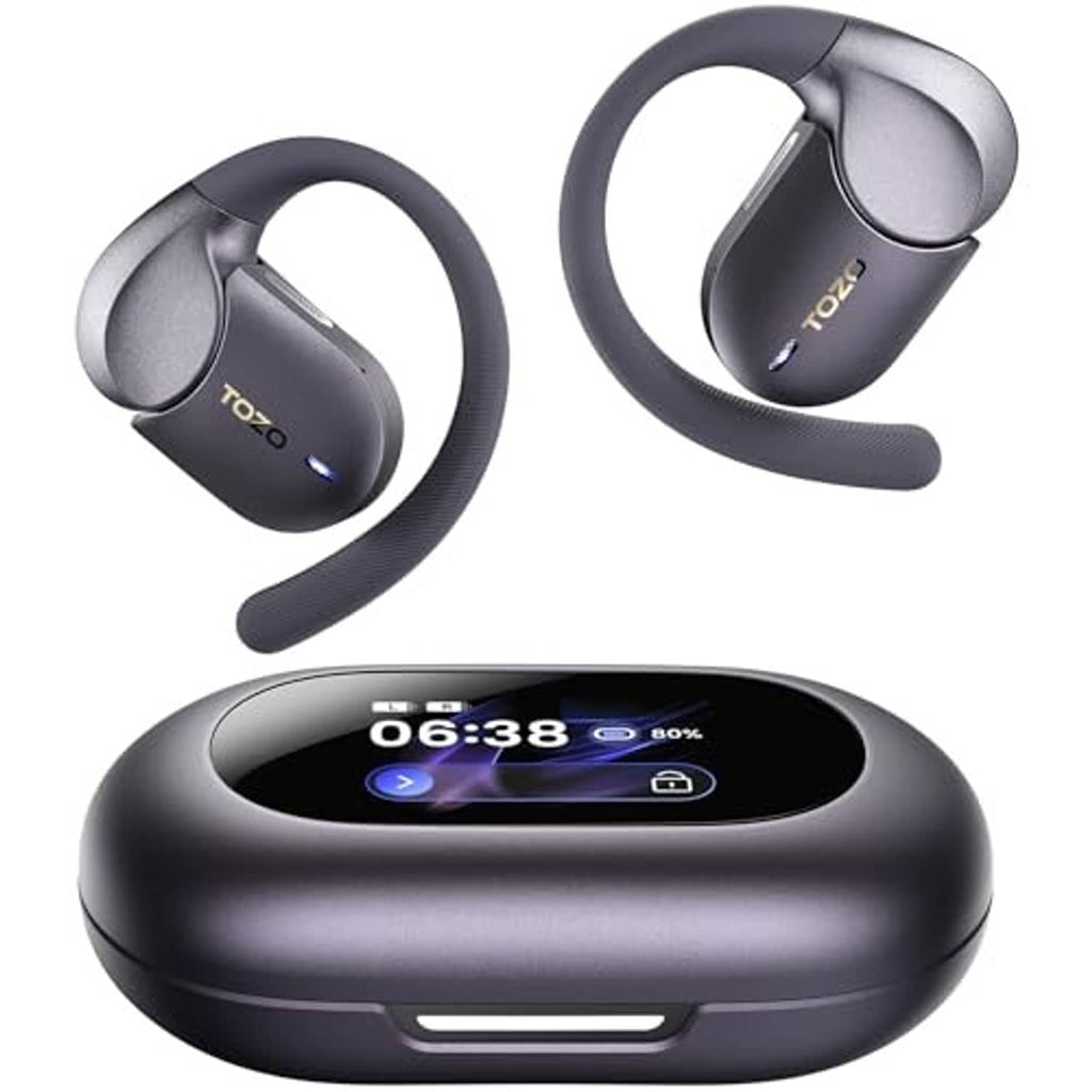 Open-ear earbuds with charging case featuring a visible LCD screen on top