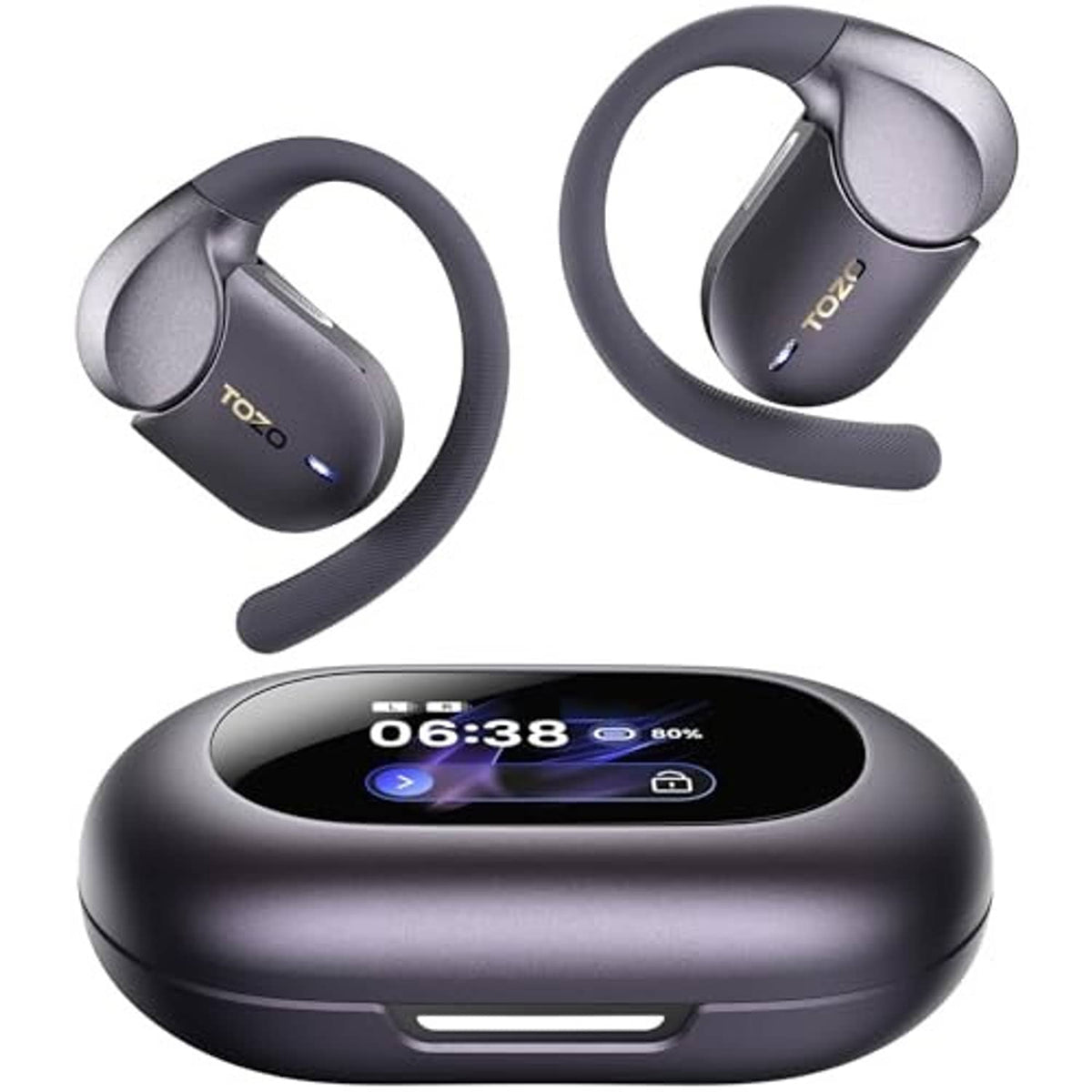 Open-ear earbuds with charging case featuring a visible LCD screen on top