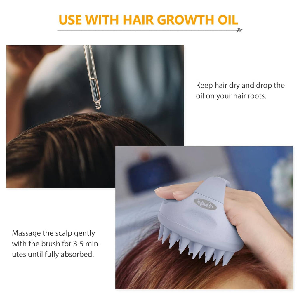 Sky blue scalp massager shampoo brush in use on the scalp with bristles