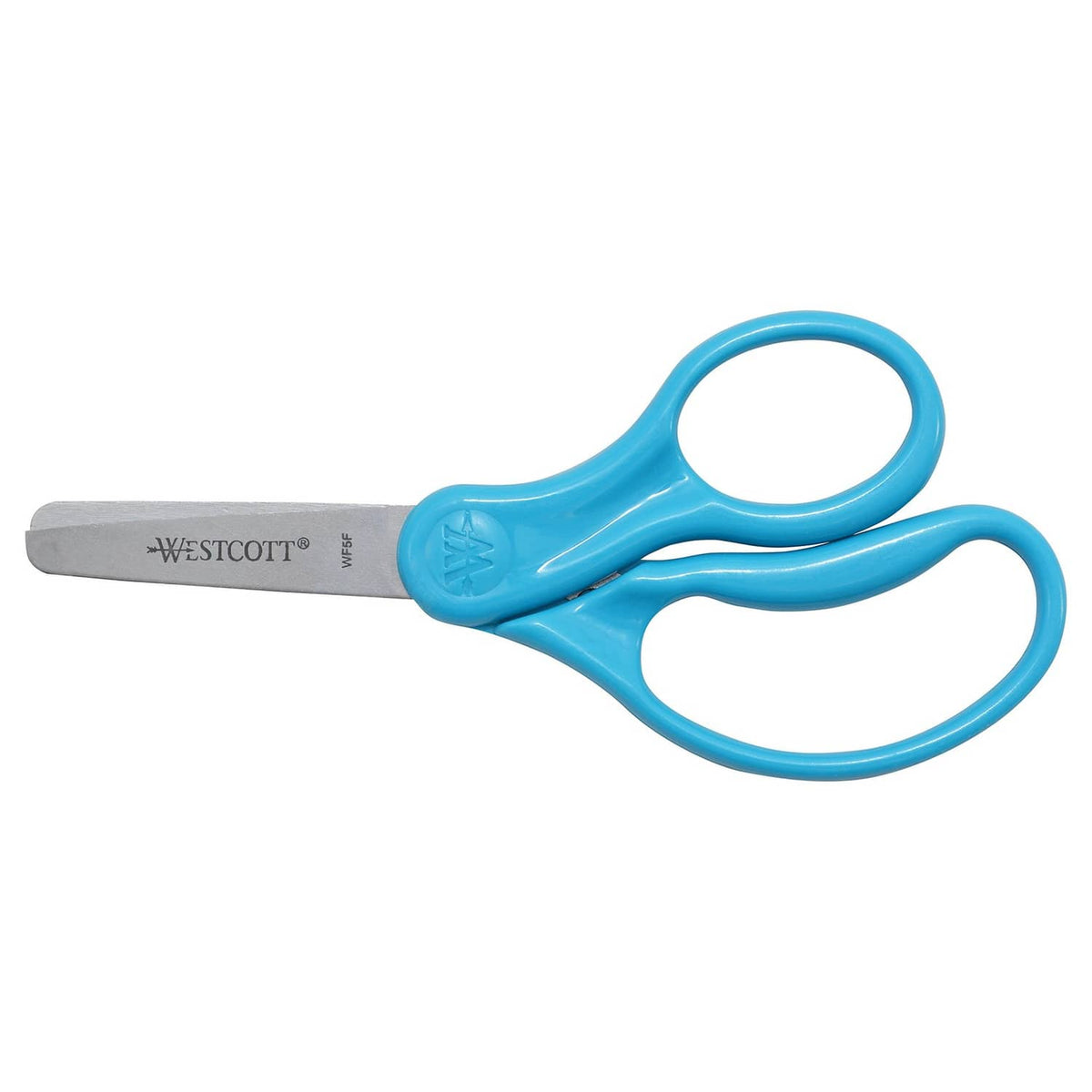 Blue Westcott kids' blunt-tip scissors with gray blades and finger loops