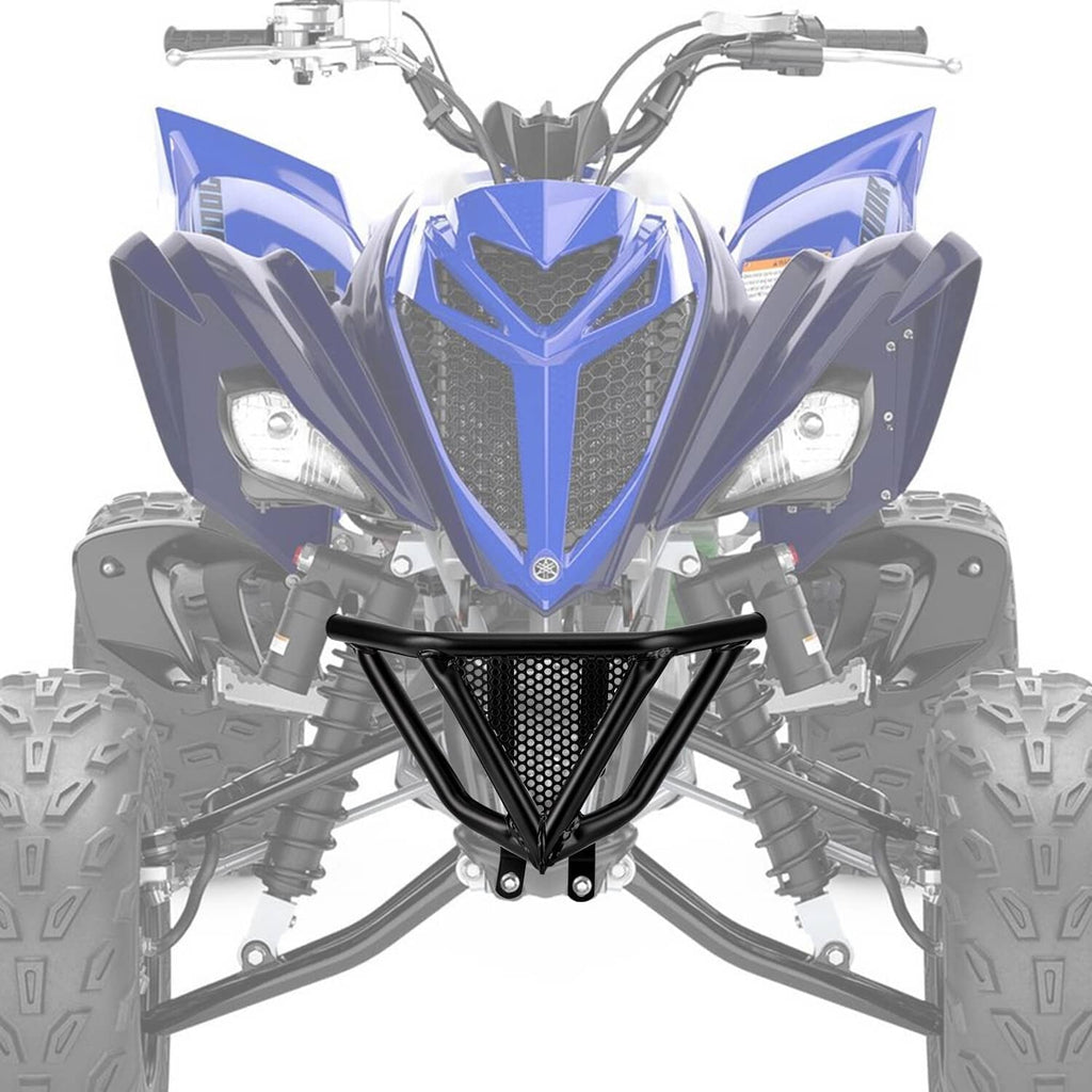 Black front bumper guard for ATV, centered view with perforated mesh insert