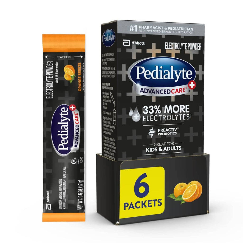 Pedialyte AdvancedCare electrolyte powder packets, 6-count box with single packet pouch