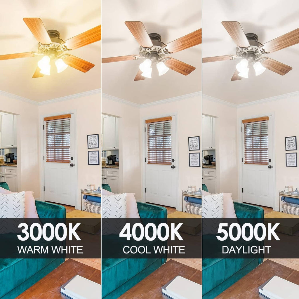 A15 LED bulb light color options: 3000K warm, 4000K cool, 5000K daylight