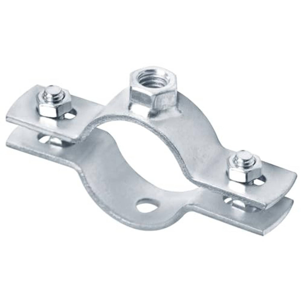 Electro-galvanized split ring pipe hanger with two bolt plates, fits 1 in NPS pipe