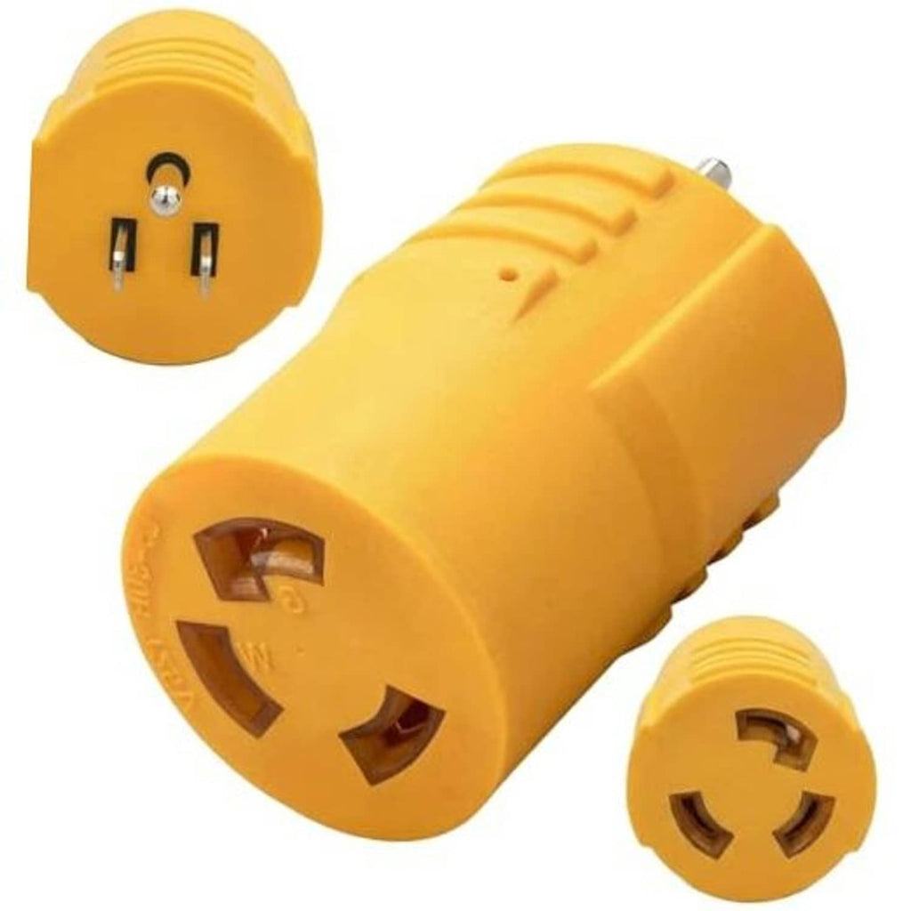 Yellow twist-on generator adapter plug with two metal prongs and twist-lock connector