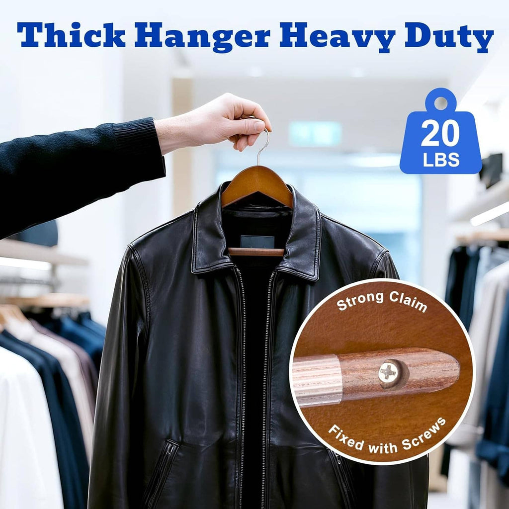 Heavy-duty wooden coat hanger with smooth finish and fixed metal screw detail
