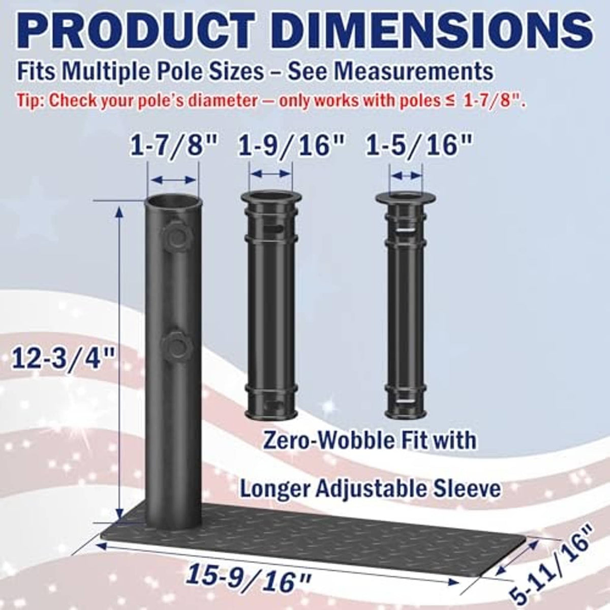 Black tire mount holder with adjustable pole sleeve for multiple pole sizes