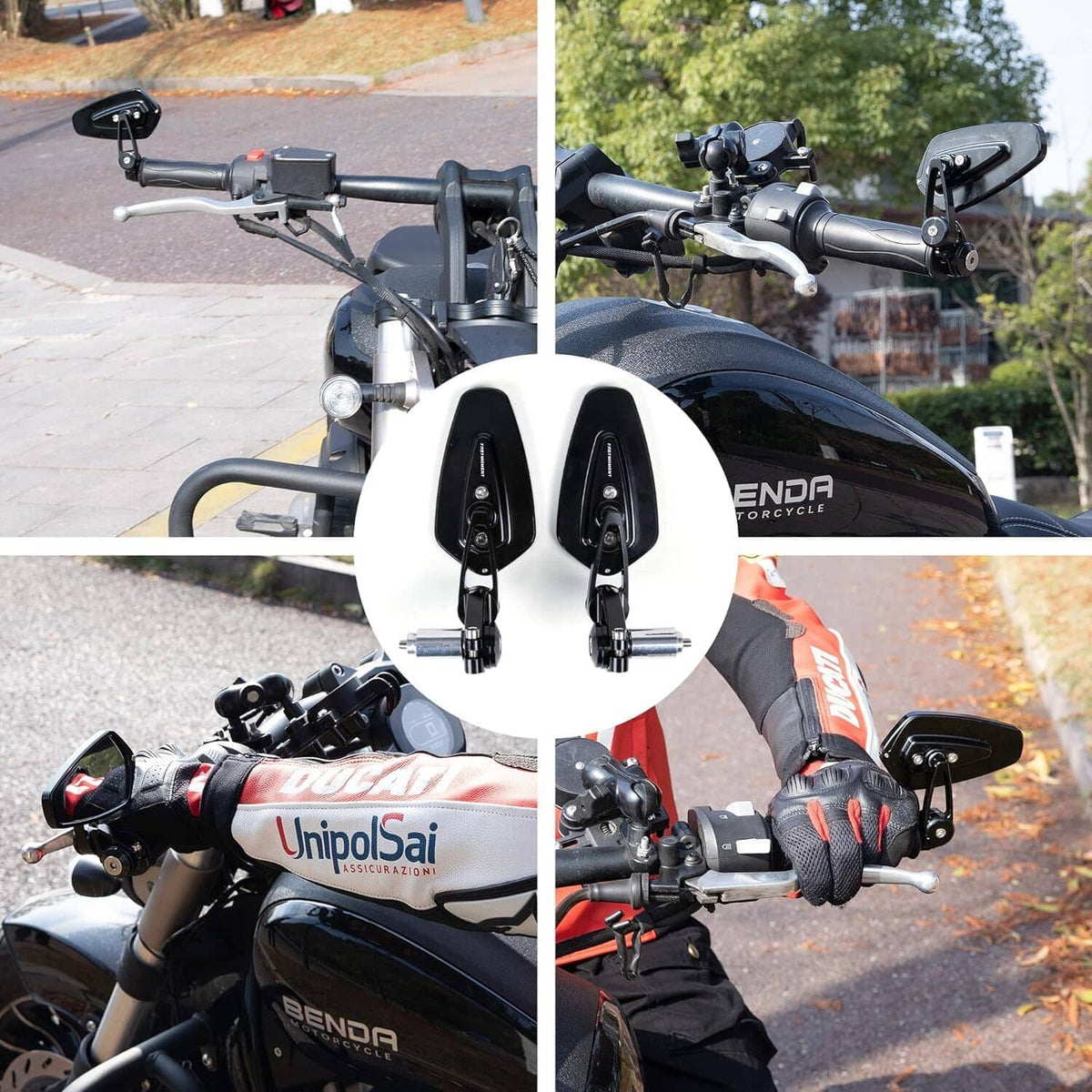 Pair of bar-end rearview mirrors installed on motorcycle handlebars, black frames