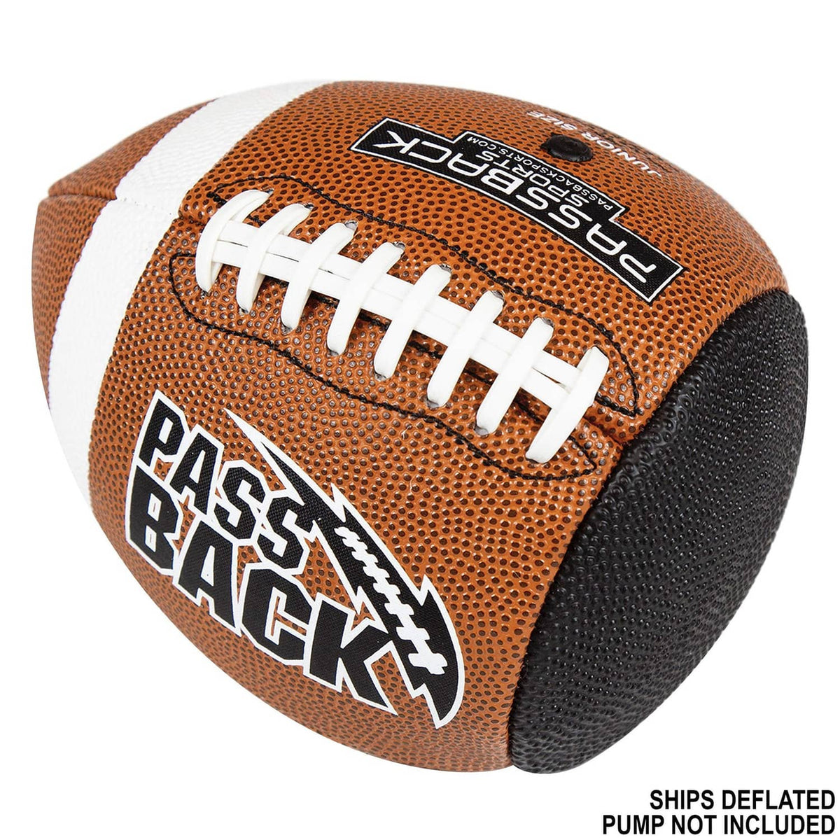 Close-up of orange youth composite football with white lace panel and Pass Back graphic
