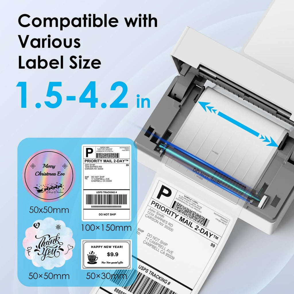 White thermal label printer with open print head and sample shipping label cards