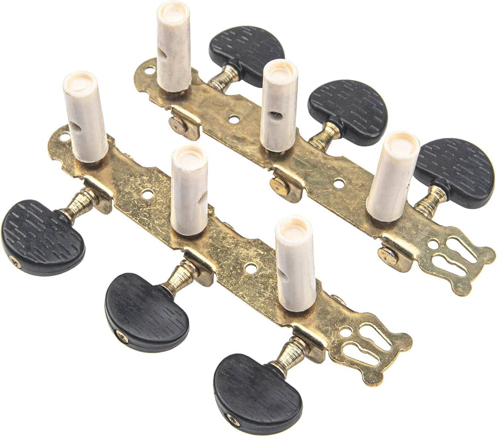 Classical guitar tuning key set with gold posts, black knobs, and mounting plates