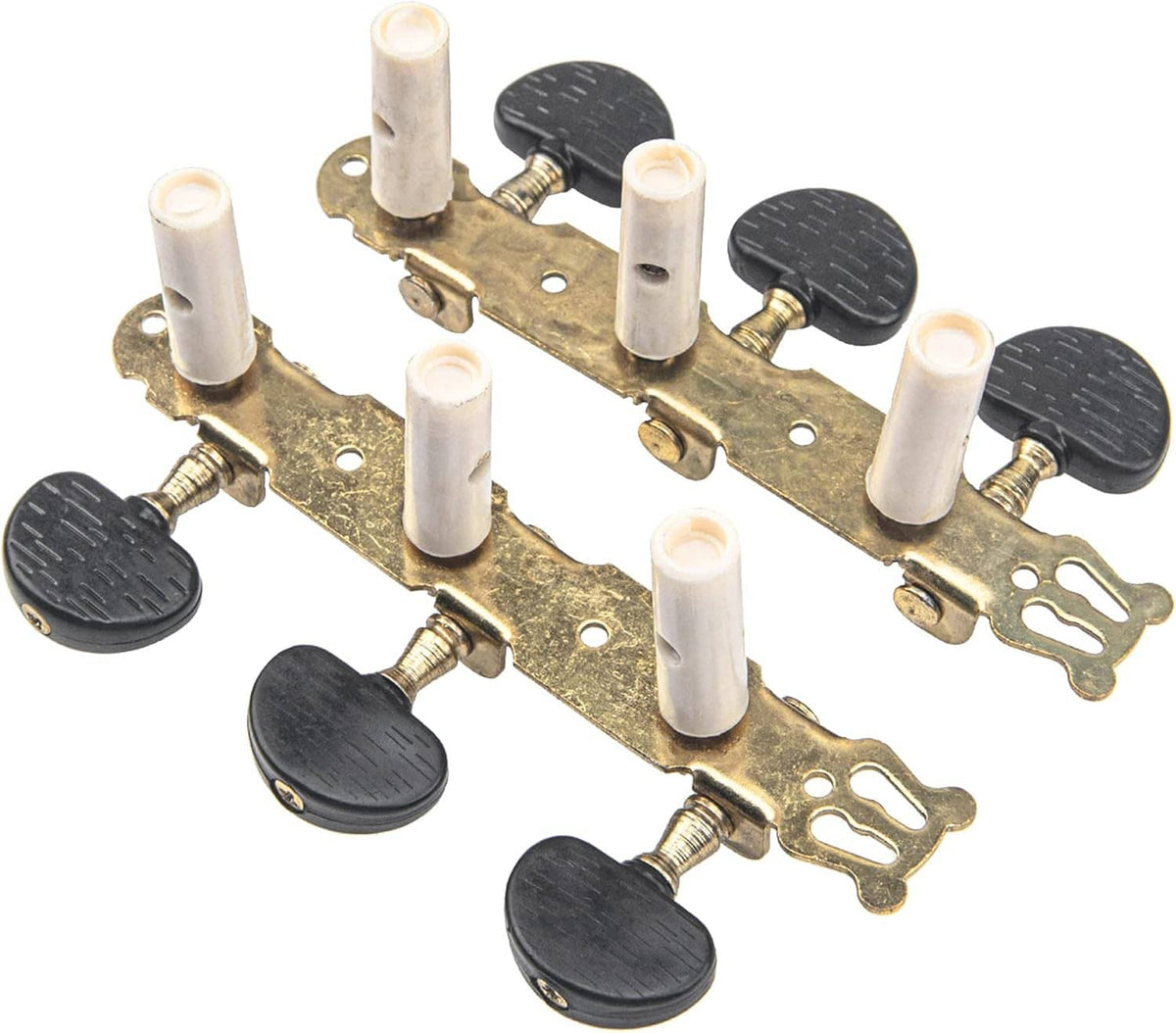 Classical guitar tuning key set with gold posts, black knobs, and mounting plates