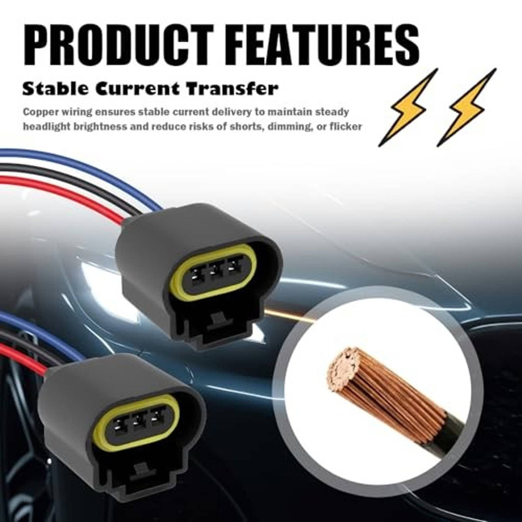 Automotive headlight pigtail connector with gray housing, yellow plug, exposed copper wire leads