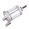Starter motor assembly with silver housing, side mount, and exposed pinion shaft