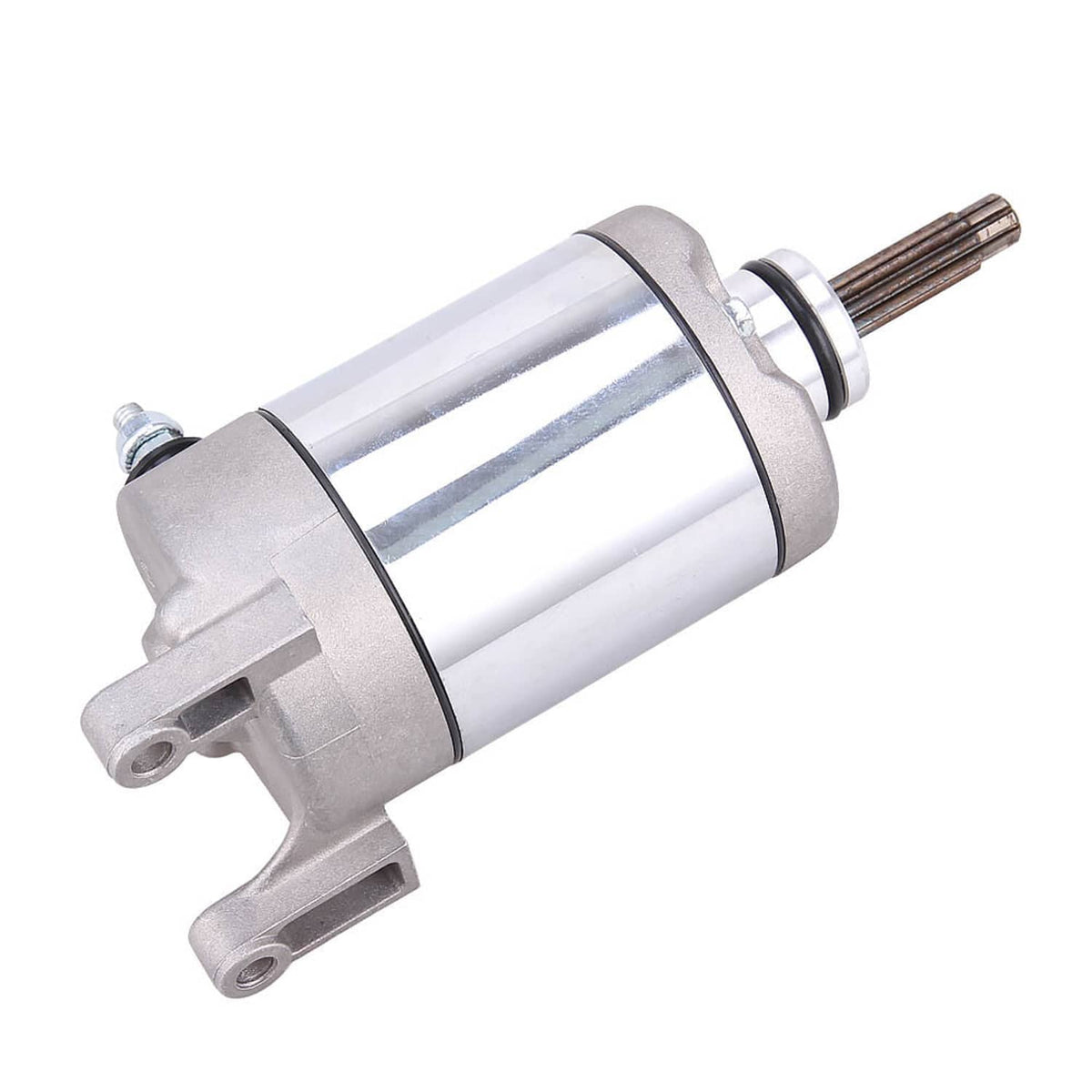 Starter motor assembly with silver housing, side mount, and exposed pinion shaft