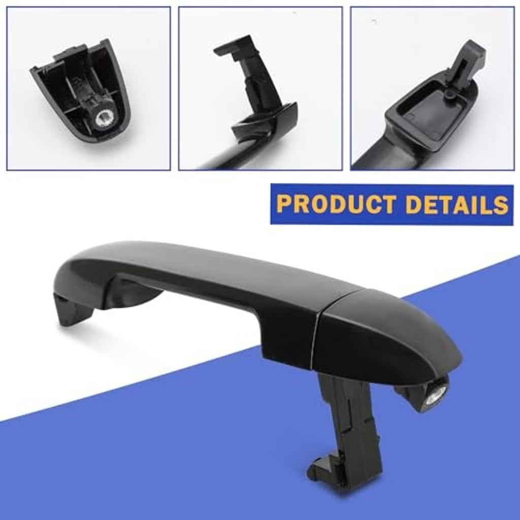 Black exterior door handle with curved grip and side mount housing, passenger side