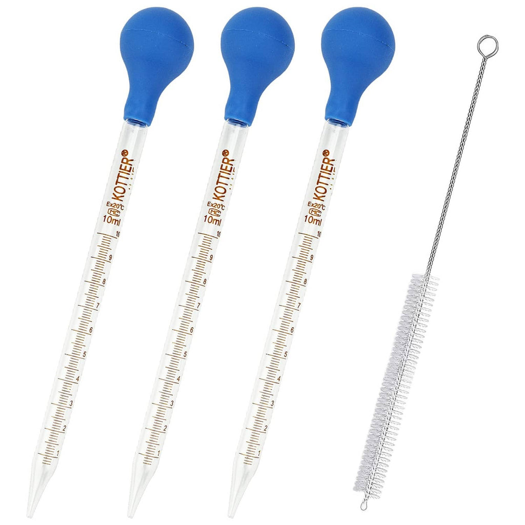 3 glass liquid droppers with blue rubber bulbs, graduated 10 ml markings