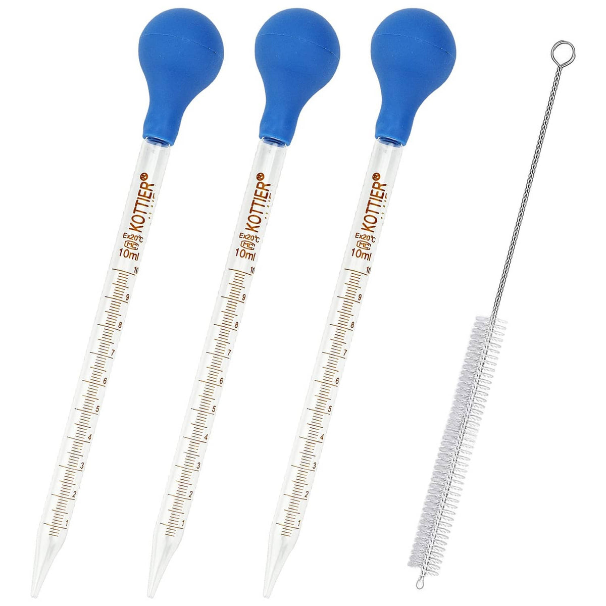 3 glass liquid droppers with blue rubber bulbs, graduated 10 ml markings