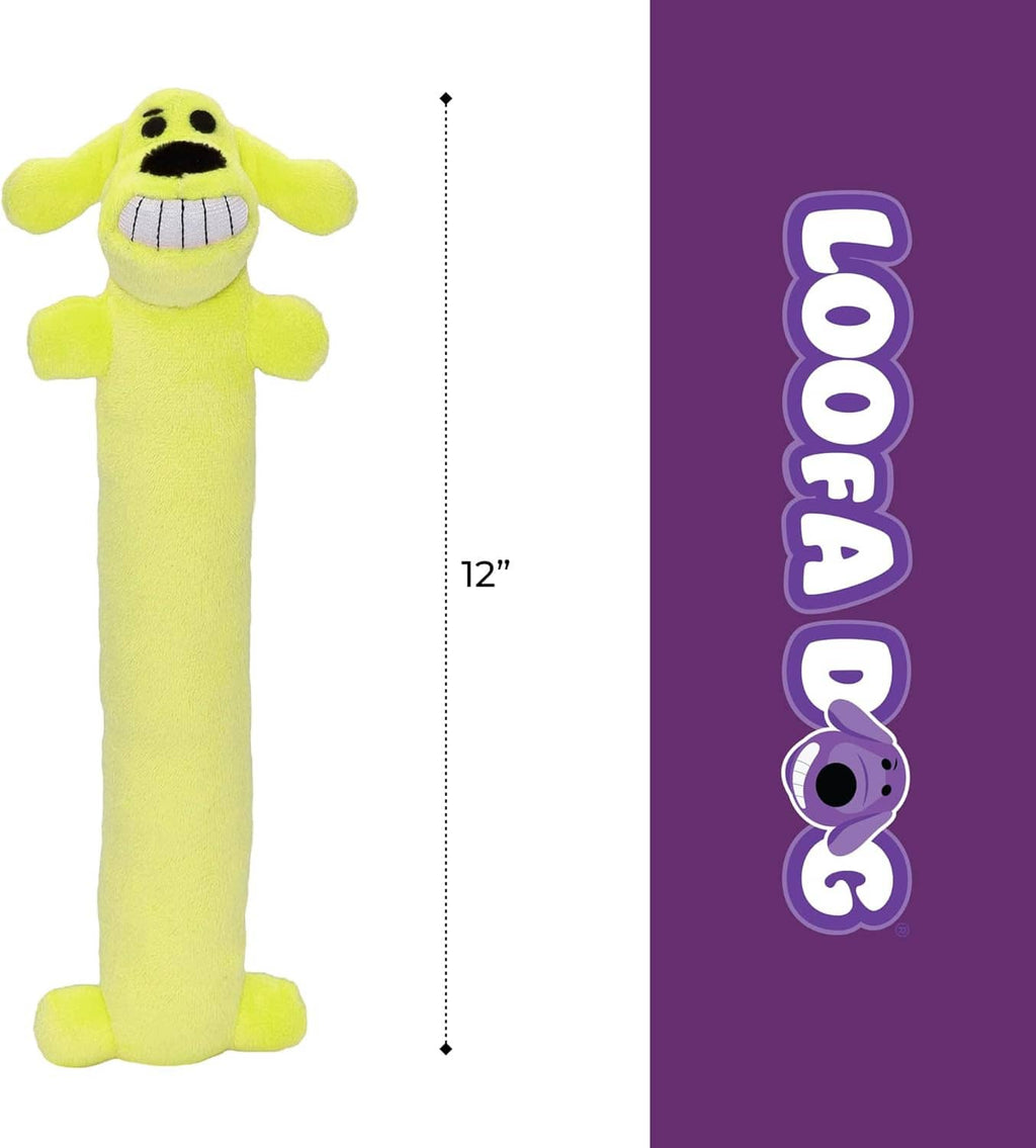 Bright green long-legged dog plush toy with open mouth and stitched grin