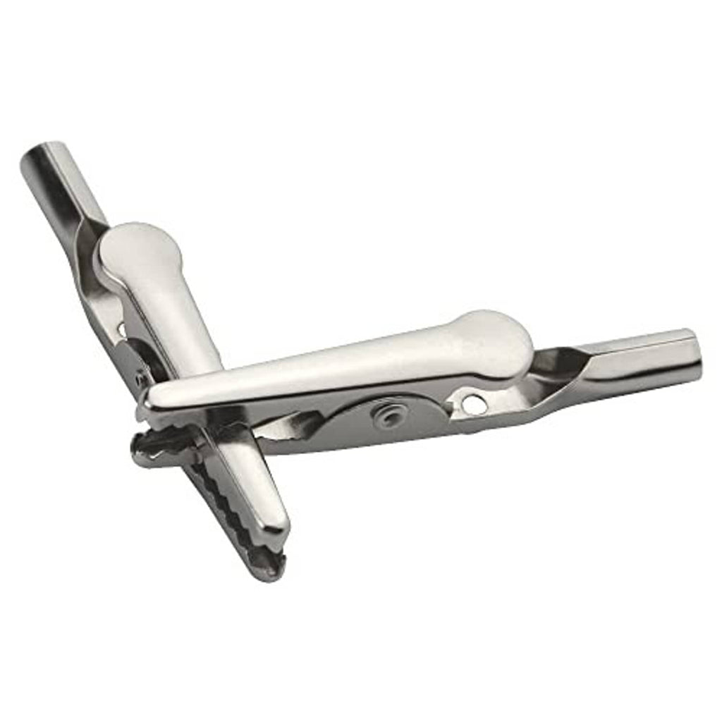Metal alligator clip with serrated jaws and spring hinge, silver finish