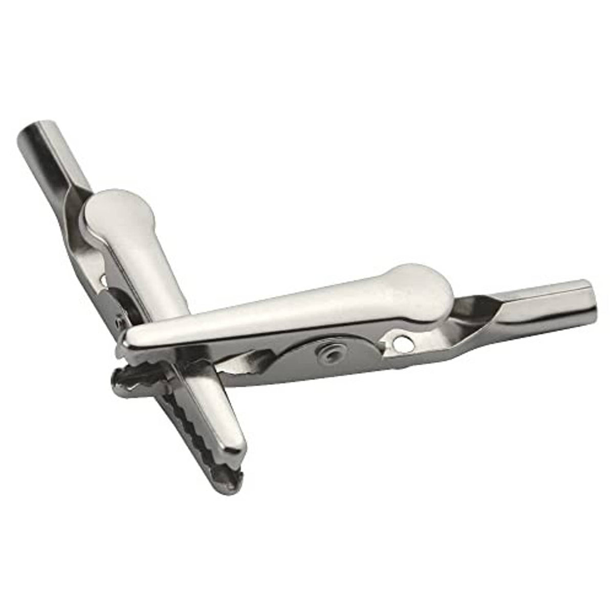 Metal alligator clip with serrated jaws and spring hinge, silver finish