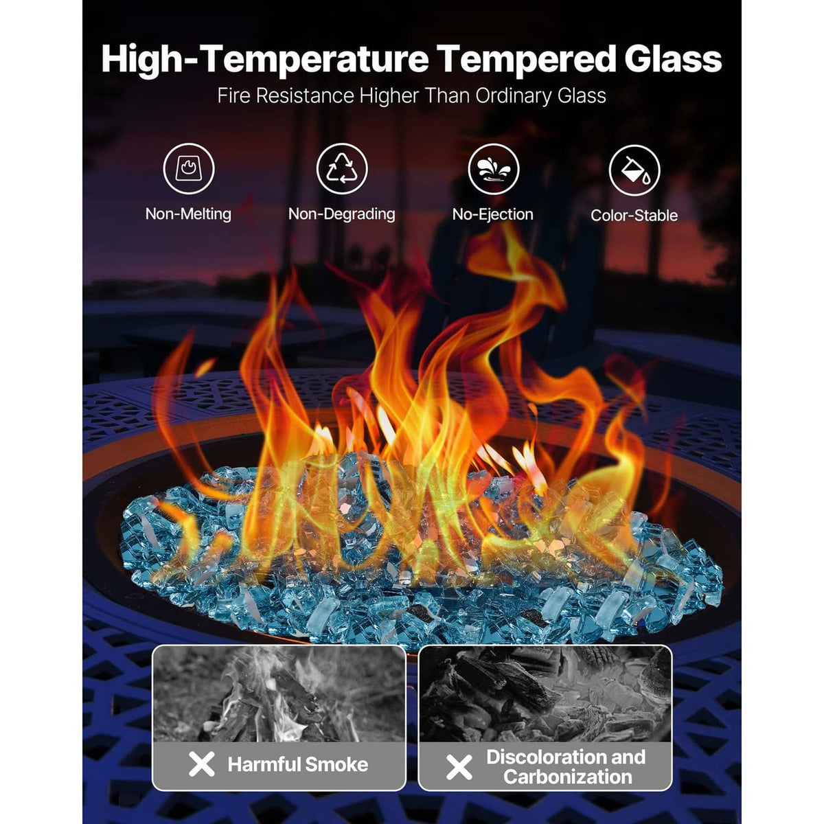 Aqua blue fire pit glass with flames, reflective crushed glass pieces