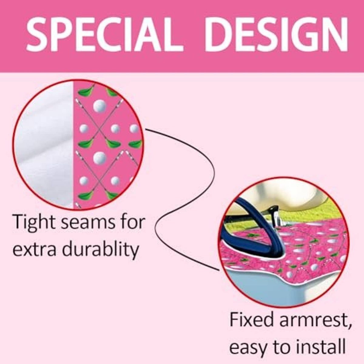 Pink leaf-and-dot golf cart seat cover showing stitched seams and armrest cutout