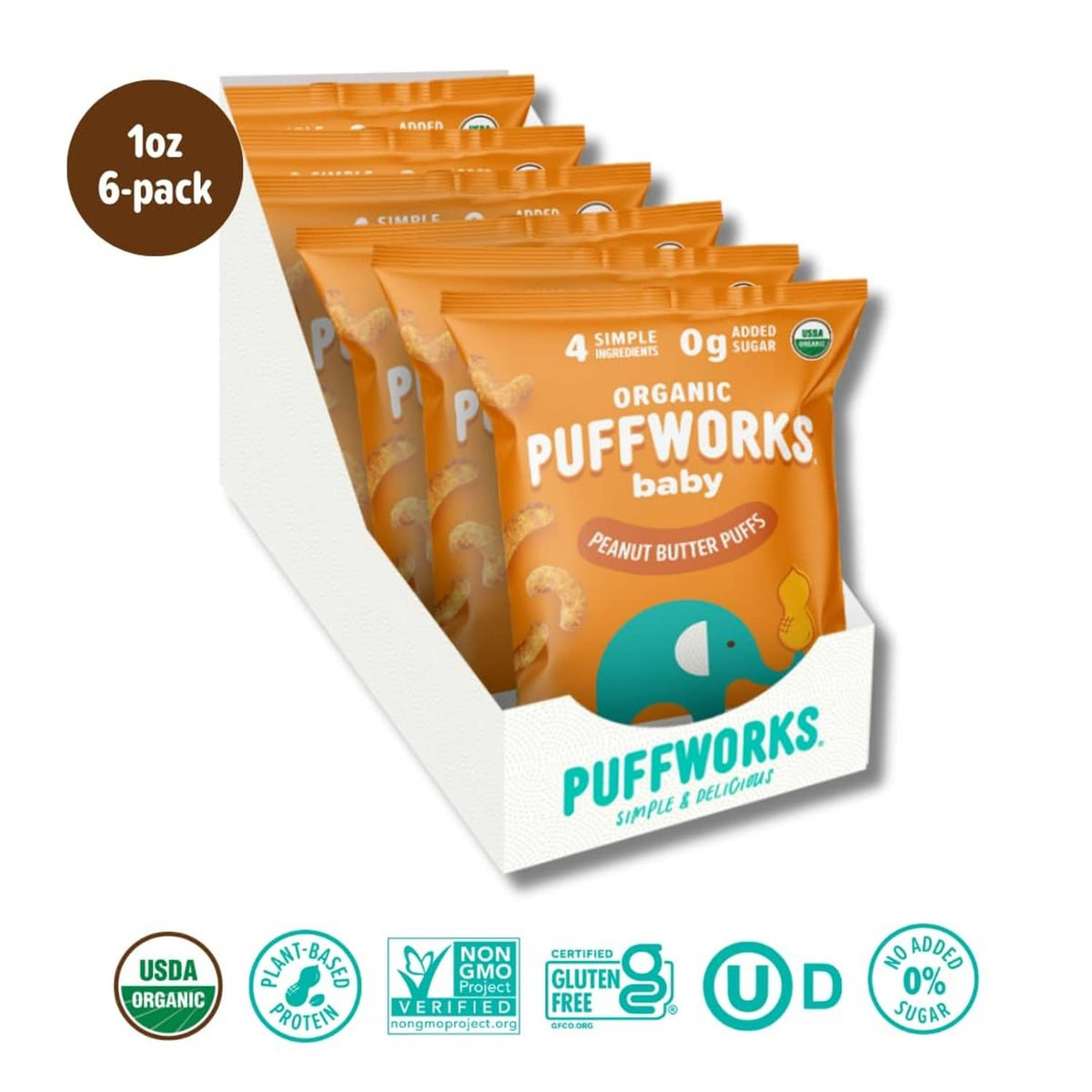 Organic baby peanut butter puff snack 6-pack with multiple pouches