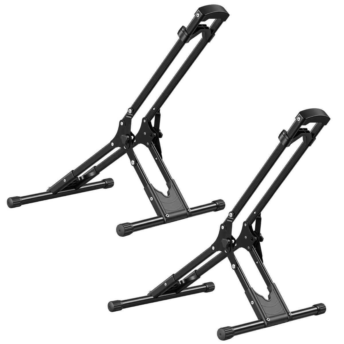 Two-pack foldable bike storage racks with adjustable wheel supports, black steel stands