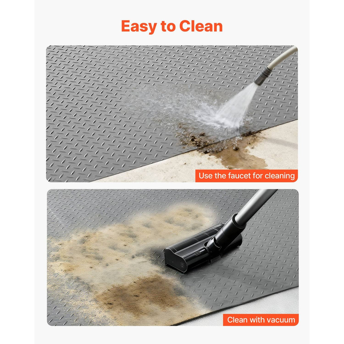 Silver gray PVC diamond-plate floor mat with water splash and stained area for cleaning.
