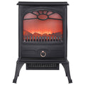 Black freestanding electric fireplace heater with glowing flame window and flame effect