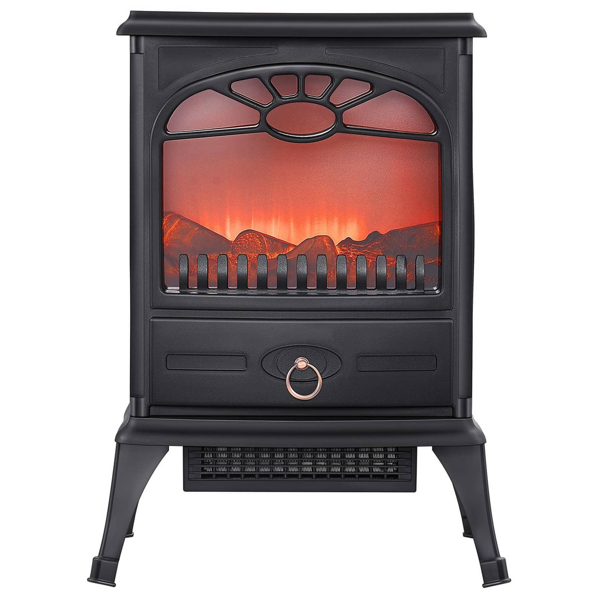 Black freestanding electric fireplace heater with glowing flame window and flame effect