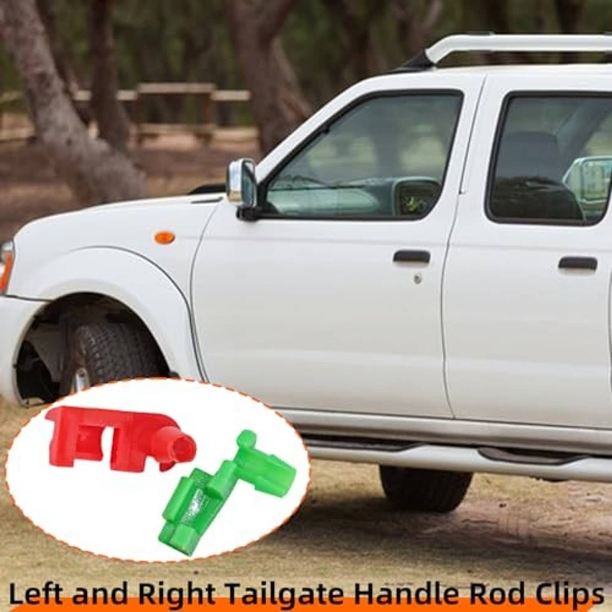 Left and right tailgate handle rod clips, green and red, near a pickup truck