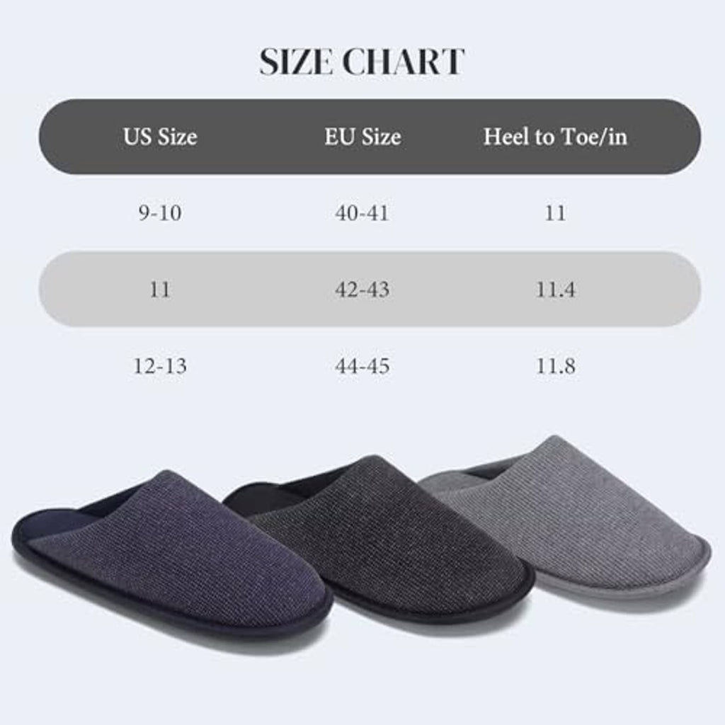 Set of men's slip-on scuff slippers in dark navy, black, and gray