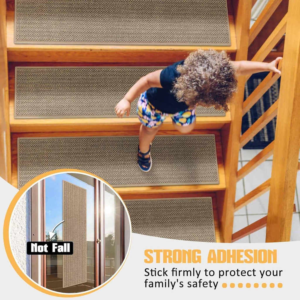 Beige non-slip stair tread carpet rectangle on a wooden step for secure footing
