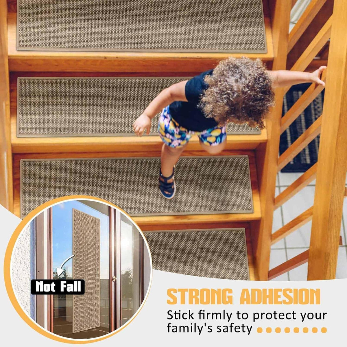 Beige non-slip stair tread carpet rectangle on a wooden step for secure footing