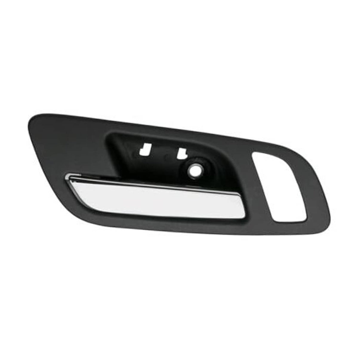 Black left interior door handle trim with chrome bar and circular mounting hole