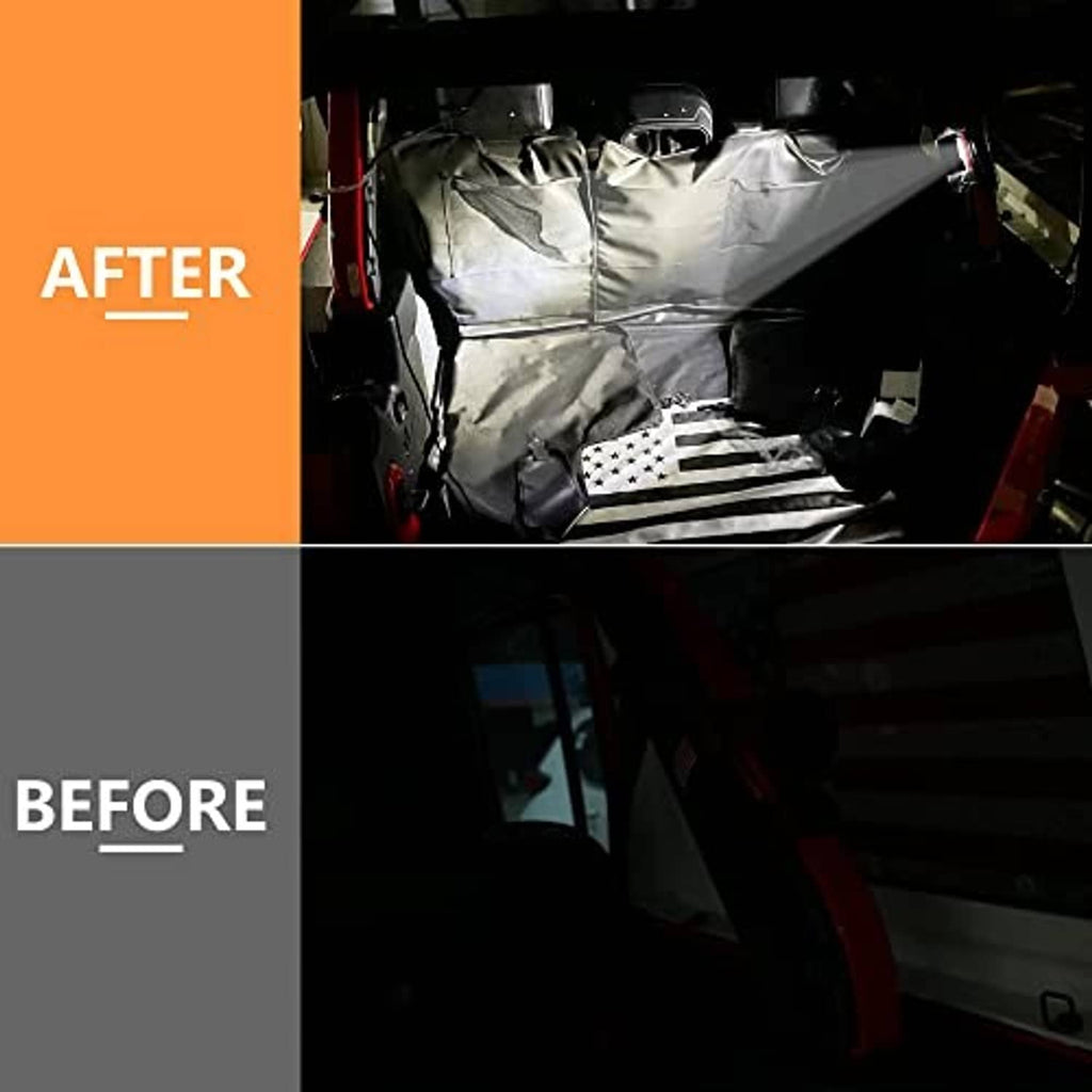 UTV dome lights shining bright white onto a vehicle interior floor and seats