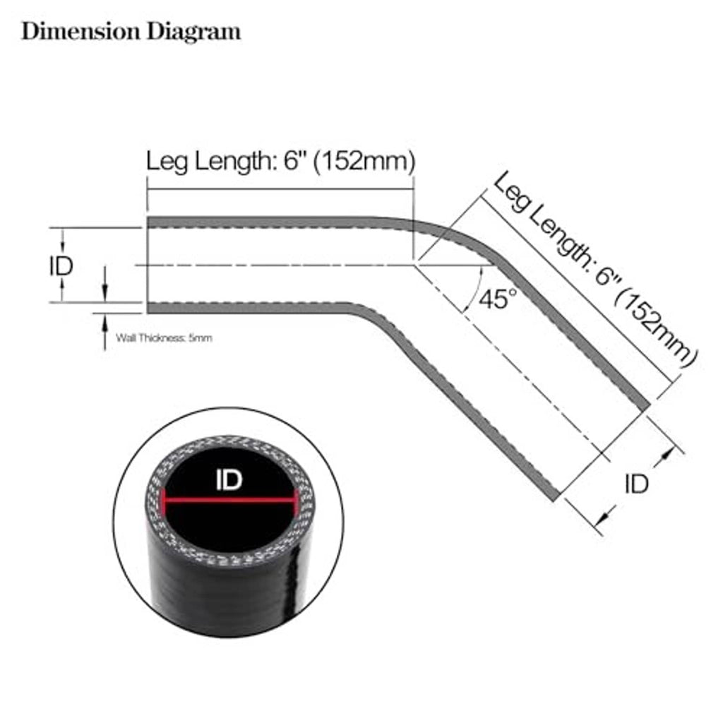 45-degree silicone hose elbow dimension diagram with leg length and inner diameter labels.