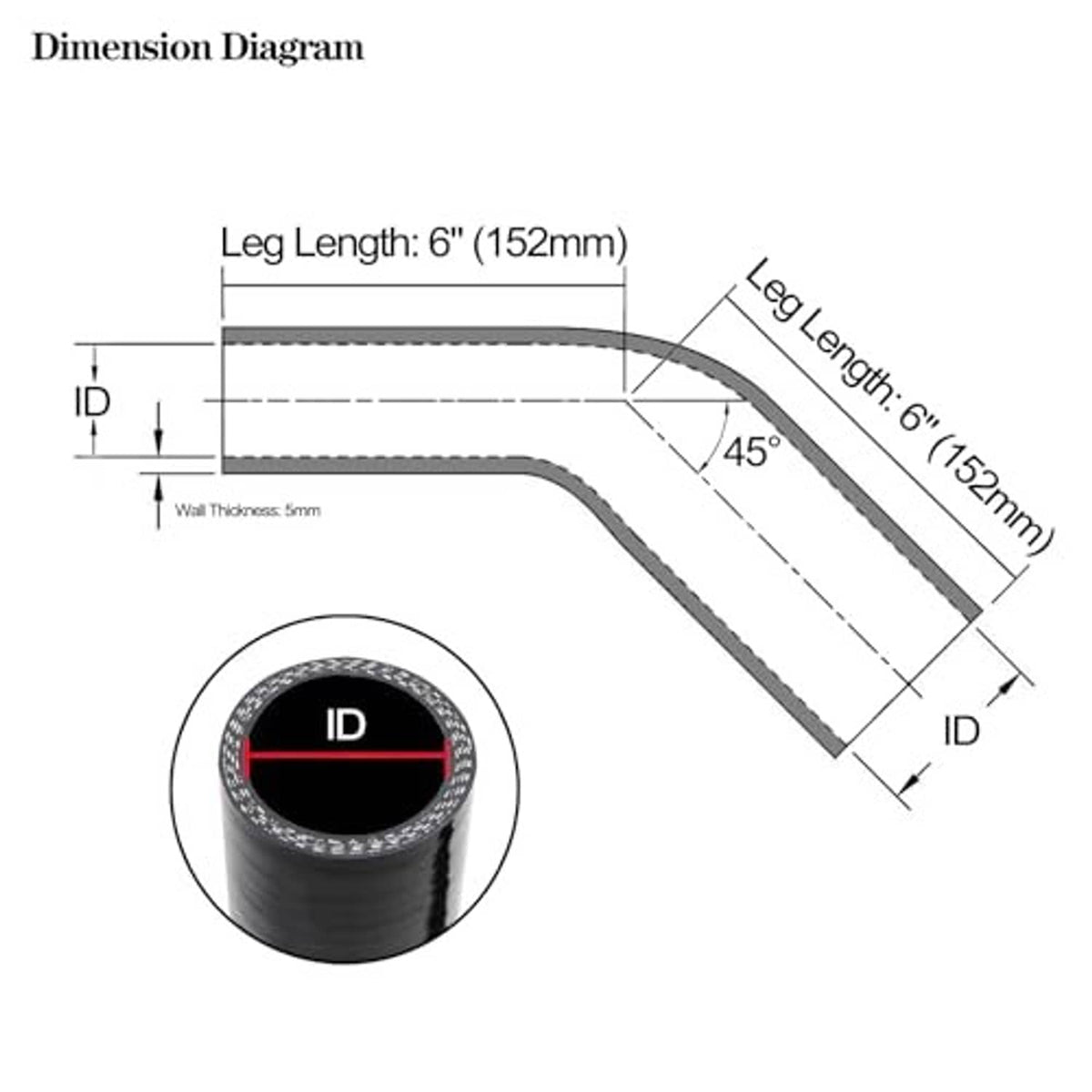 45-degree silicone hose elbow dimension diagram with leg length and inner diameter labels.