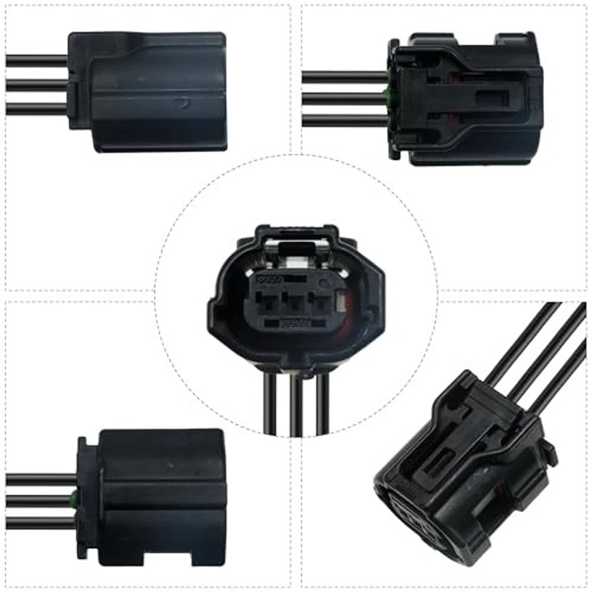 Camshaft sensor connector pigtail set with plug housing and wire leads, multiple views