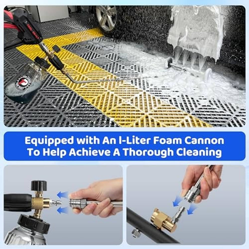 Wheeled undercarriage pressure washer attachment spraying high-pressure water over a vehicle