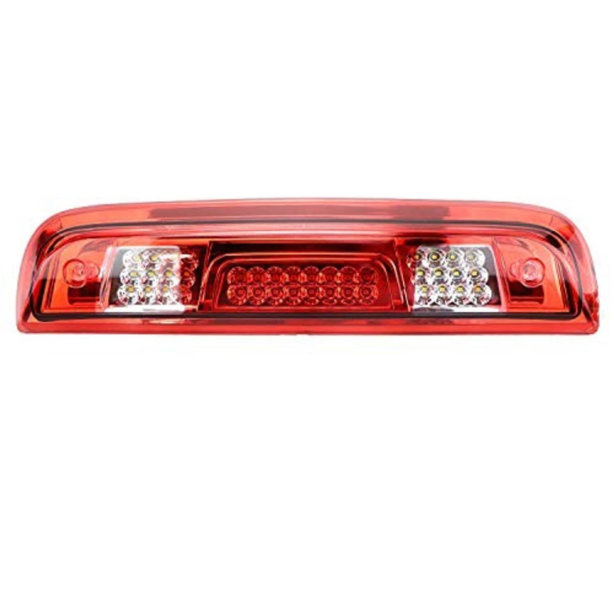 Red LED third brake light with three illuminated LED sections and clear outer lens panels