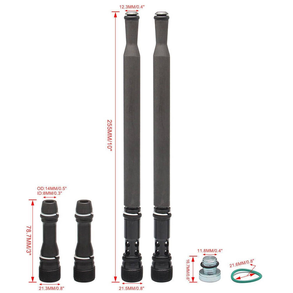 Fuel stand pipe dummy plugs: two long tubes with black fittings, O-ring, and metal cap