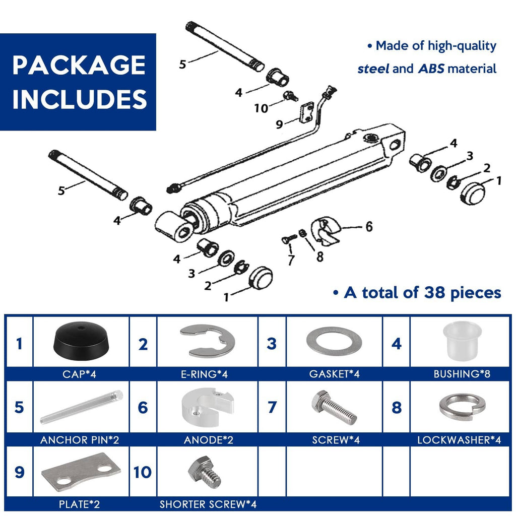 Exploded view trim cylinder pin cap bushing hardware kit: bushings, rings, gasket, screws